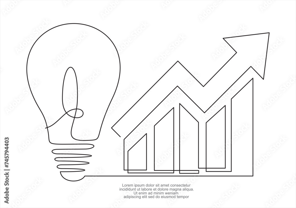 Aufkleber continuous one line drawing of light bulb with increasing up arrow bar graph. startup idea creative 