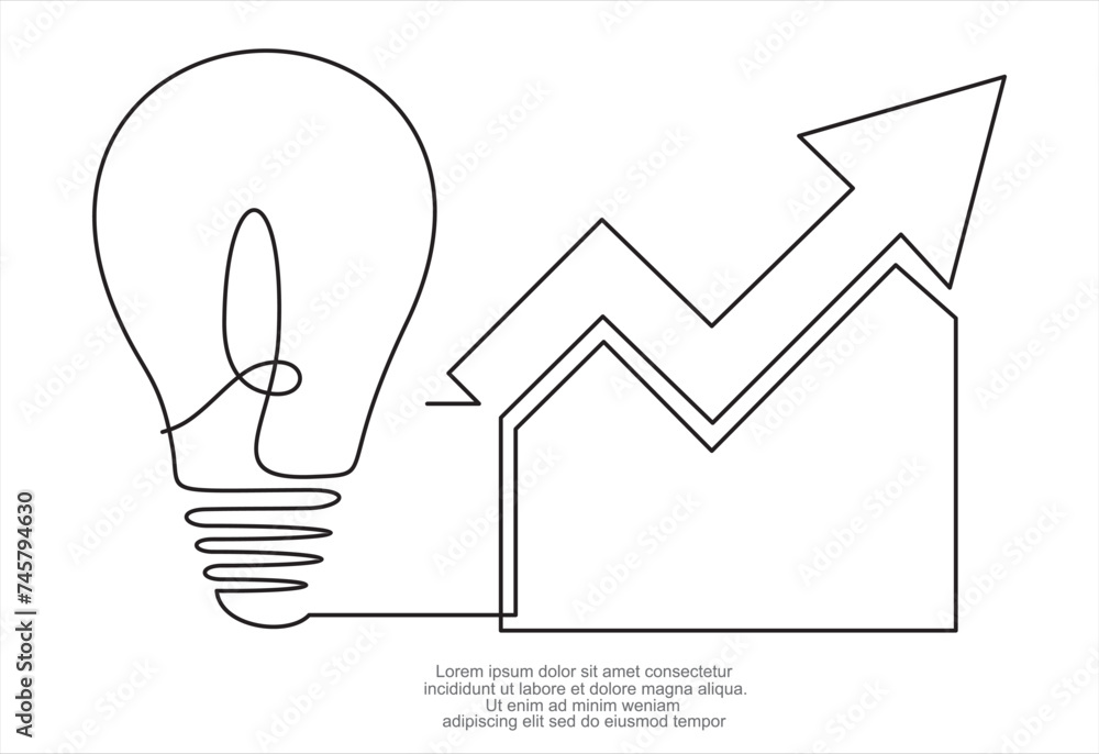 Aufkleber continuous one line drawing of light bulb with increasing up arrow bar graph. startup idea creative 
