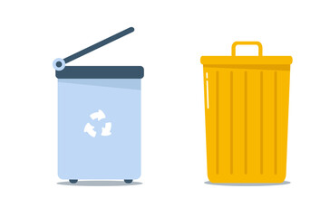 Cartoon colored trash cans isolated on a white background. Metal and plastic trash bins, garbage bags in flat design. Multi-colored waste bins full of garbage.