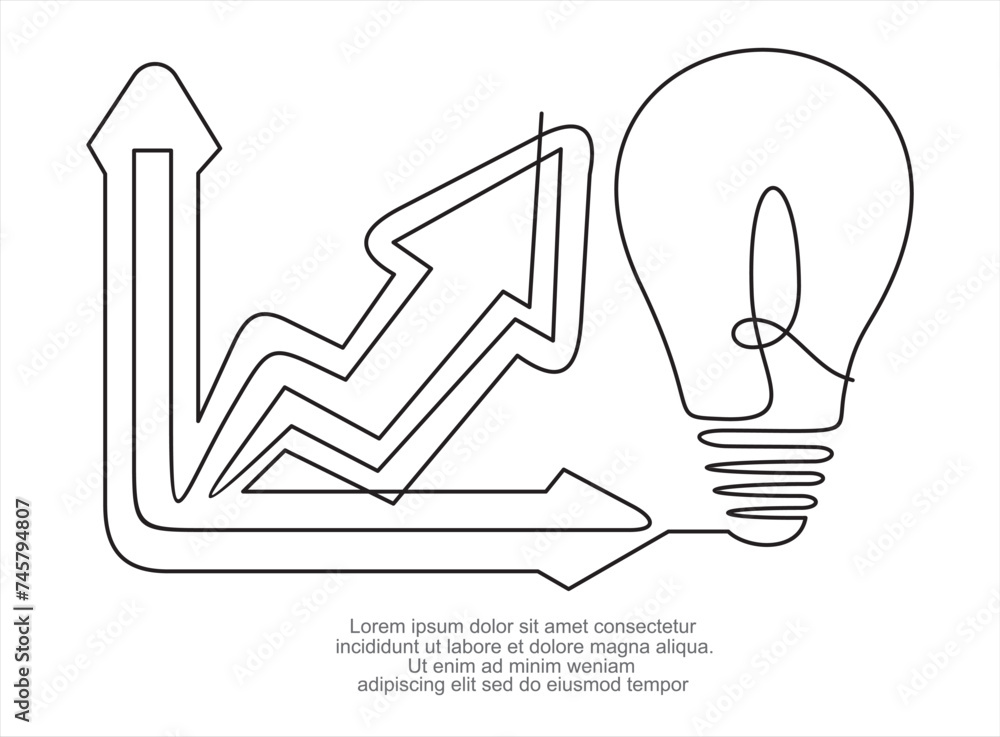 Aufkleber continuous one line drawing of light bulb with increasing up arrow bar graph. startup idea creative 