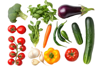 Top-down view, collection of vegetables isolated on transparent background.