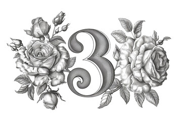 3 Number Floral Font Engraving Design on Transparent Background