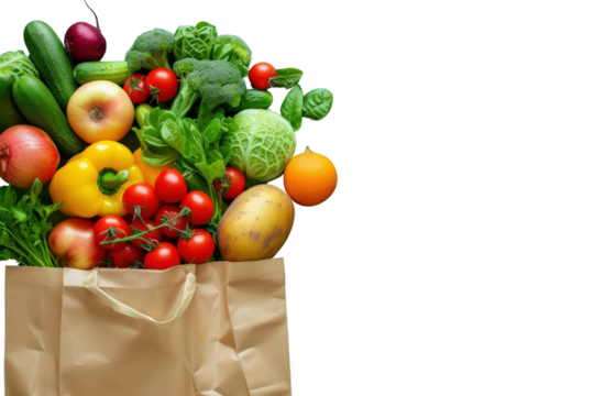 Shopping bags with groceries and fresh vegetables isolated on transparent background.
