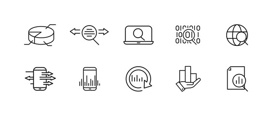 Collection of outline icons. Pie graph, magnifying glass, laptop, network planet, phone, graph in hand, document search. Vector icons