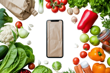 Woman's hand holding a white screen mockup phone over weight loss food, fresh healthy food, daily take away food box with menu, online diet plan Isolated on transparent background.