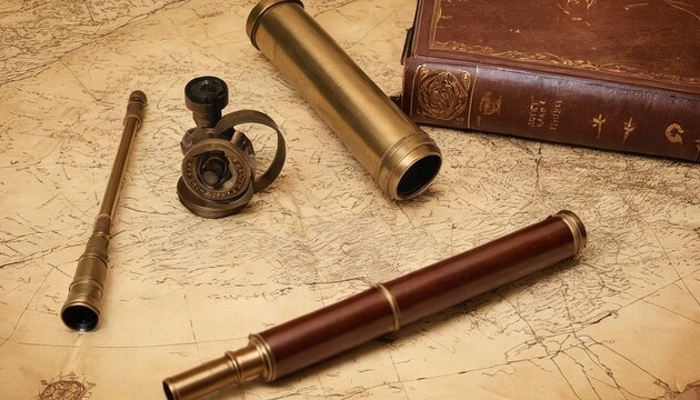 Compass, telescope and the book on the old map