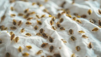 white sheet bed in the hotel bedroom with Bedbug colony on its top, top view