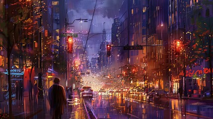 Fototapeta premium Cityscapes: The bustling streets, towering skyscrapers, iconic bridges, lively squares, and enchanting night views depict the vibrant essence of urban life