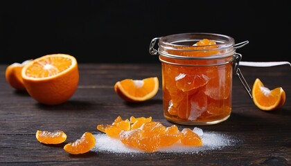 Obraz na płótnie Canvas Orange marmalade on a wooden brown table with a black background. Tea with sliced orange.