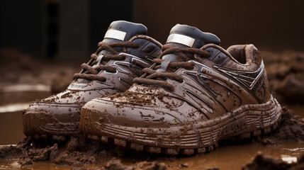 Pair of muddy running shoes on a dirt track, concept of outdoor adventure and challenging terrain.