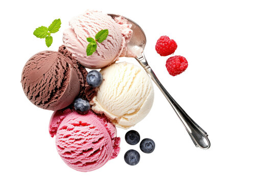 Scoops of colorful ice cream in various flavors isolated on transparent background. top view photo