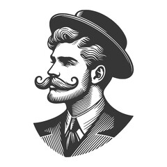 Old fashioned gentleman with mustache and hat sketch engraving generative ai fictional character raster illustration. Scratch board imitation. Black and white image.