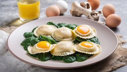 Raw ravioli with flour egg musrooms and and spinach. Italian or mediterranean healthy cuisine