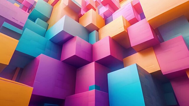 Vibrant stacked cubes outdoors, dynamic animation. Colorful geometric shapes, motion.