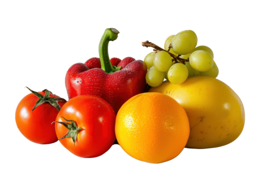 Shopping bags with groceries and fresh vegetables isolated on transparent background.