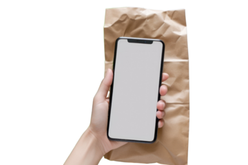 Woman's hand holding a white screen mockup phone over weight loss food, fresh healthy food, daily take away food box with menu, online diet plan Isolated on transparent background.