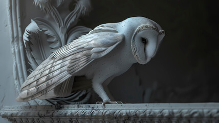 Figure of a white owl on a classical building background, symbol of wisdom and mystery.