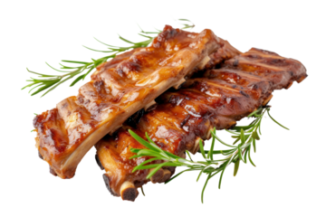 Grilled pork ribs with rosemary isolated on transparent background