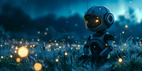 Foto op Canvas A robot with a flower in the background, An adorable robot peacefully slumbering among the lush greenery of a blooming spring forest   © Mustafa