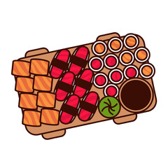 Groovy cartoon sushi, sashimi and rolls on wooden board. Funny retro platter with sea fish snacks, top view of Japanese food mascot, cartoon sushi plate sticker of 70s 80s style vector illustration