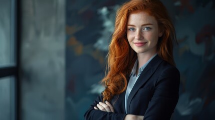 Portrait of successful redhead woman in business suit, arms crossed and smiling. Success. Goals. Achievement. Room for copy space.
