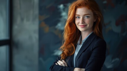 Fototapeta premium Portrait of successful redhead woman in business suit, arms crossed and smiling. Success. Goals. Achievement. Room for copy space.