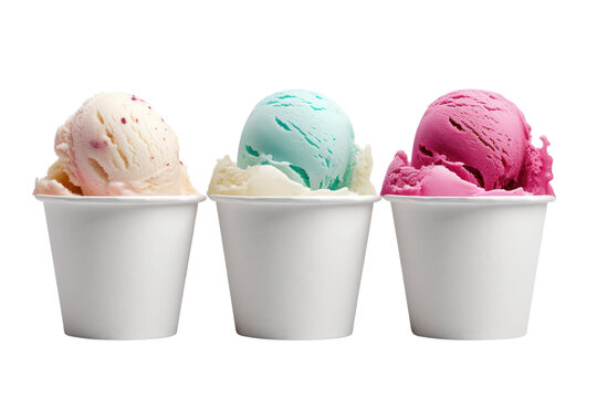 Ice cream scoop on white blank empty paper cup bowl on transparent background cutout,
