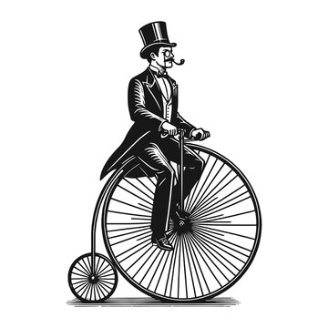 old fashioned gentleman ride high wheel vintage penny farthing bicycle sketch engraving generative ai fictional character raster illustration. Scratch board imitation. Black and white image.