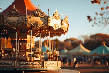 Colorful amusement park. Merry go round, circus and funfair carousels. Fantasy playground entertainment concept - obrazy, fototapety, plakaty