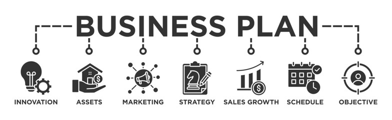 Business plan banner web icon illustration concept with icon of innovation, assets, marketing, strategy, sales growth, schedule, and objective - obrazy, fototapety, plakaty