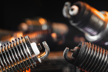 Close view. Automotive new and used spark plugs for gasoline engines. Nickel electrode, insulator....