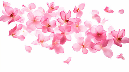 Dance of floating pink petals in the air, cut out on white background
