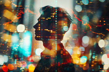 Double exposure silhouette of a professional businessman against a city skyline, overlaid with futuristic digital data and graphs symbolizing business analysis and strategy.