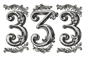333 Number Vintage Font Engraving Design on Transparent Background