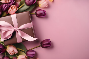 Gift box and flowers on pink background. Present for Valentine's, Mother's and Women's day, birthday or  wedding. Flat lay, top view with copy space