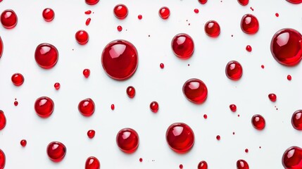 Red Liquid Droplets on White Background, Artistic display of red liquid droplets of various sizes,...