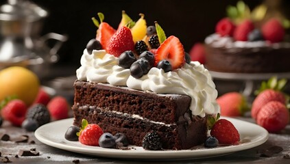A decadent chocolate cake with swirls of whipped cream and a colorful array of fresh fruits on top,...