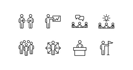 People icons with action icons. Outline, set of people with a schedule, speech bubbles, new idea, group of people, expansion button. Vector icons