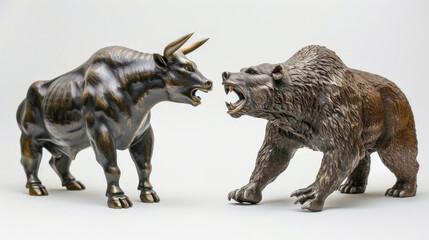 Bull and Bear Statues Facing Off, Bronze statues of a bull and a bear in aggressive stances facing each other, symbolizing financial market trends on a white background.
