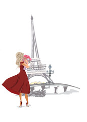 Romantic couple, man and woman with flowers, on the background with the Eiffel tower. Hand drawn vector illustration. - 745797490
