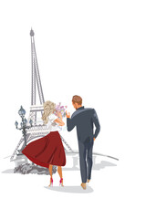 Romantic couple, man and woman with flowers, on the background with the Eiffel tower. Hand drawn vector illustration. - 745797496