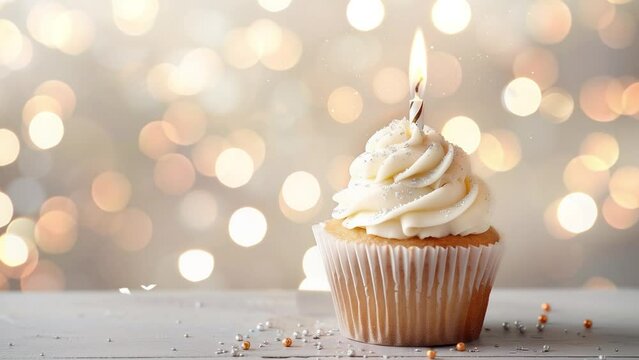 birthday cupcake with candle on light grey table. cupcake with white cream and blurred light background. seamless looping overlay 4k virtual video animation background