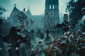 A moody and atmospheric scene of weathered tombstones in an old cemetery, with emphasis on age and textures