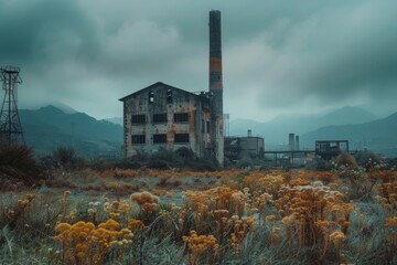 Naklejka premium A moody scene of an abandoned industrial building surrounded by wildflowers under a gloomy sky.