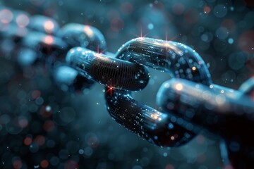 Artistic close-up of symbols and elements representing blockchain, focusing on the complexity and digital nature