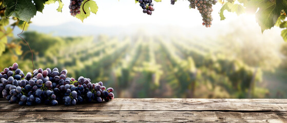 Ripe Grapes on Vineyard Wooden Table, A bountiful bunch of ripe red grapes on an old wooden table with a sunlit vineyard stretching into the distance. - obrazy, fototapety, plakaty