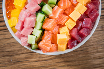 Sashimi with salmon, tuna, cucumber and red caviar