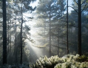 Fototapeta na wymiar Imagine a misty morning in a pine forest. The air is cool, and dew clings to pine needles.