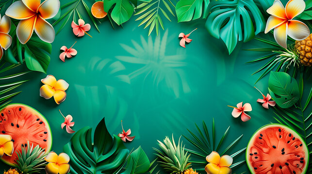 Green summer background with leaves and flowers