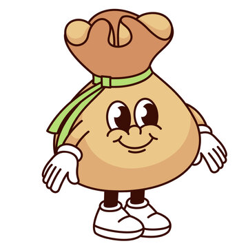 recommend clip art: Groovy wonton cartoon character with friendly smile. Funny retro Chinese dumpling with green leaf and filling standing, cartoon Asian food mascot, wonton sticker of 70s 80s style vector illustration